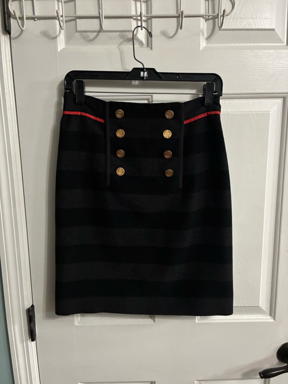 Per Se Black Striped Pencil Skirt with Gold Buttons and Red Waist Trim